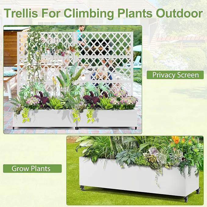 Metal Planter Trellis Box with Wheels & Drain Plug Outdoor Raised Garden Bed Patio Privacy Screen with Planter for Climbing Plants, Vegetables 73"x47"x16" White-Diamond by GreenHaven Gardens