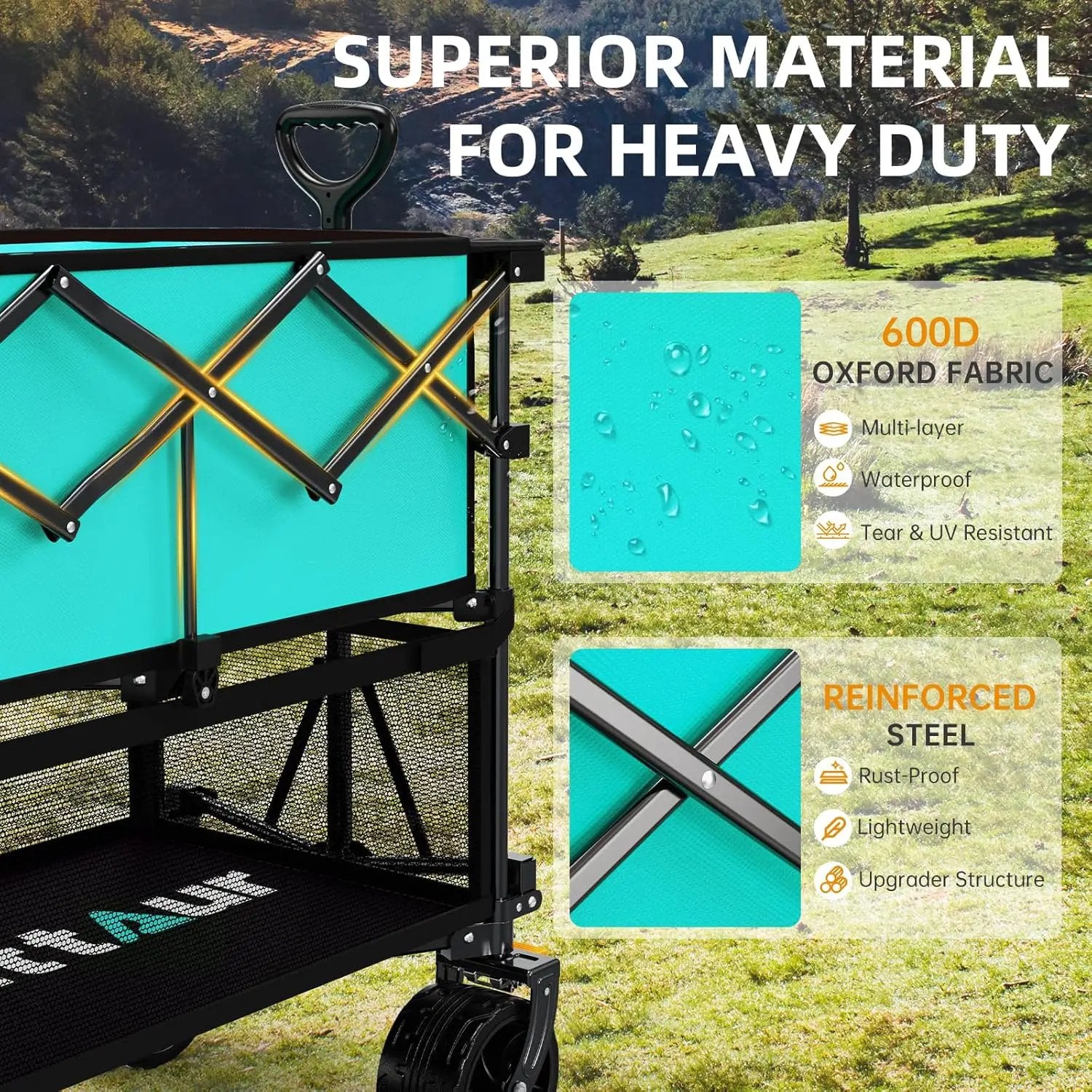 Foldable 50''L Extra Long Double Decker Wagon for Sport, 400L Collapsible Heavy Duty Wagon Cart with Big Wheels, Utility All-Terrain Large Extender Cart for Outdoors, Light Blue by GreenHaven Gardens