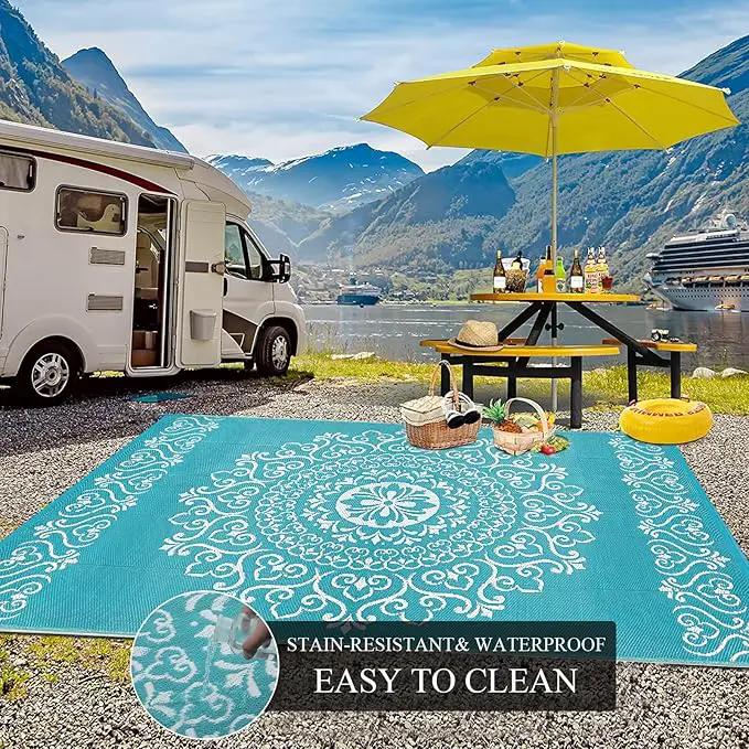 Pauwer Waterproof Outdoor Rug 6x9, Reversible Plastic Straw Patio Camping Rug, Indoor Outdoor RV Mat Carpet for Deck, Camper, Porch, Balcony, Backyard, Picnic, Floral Teal by GreenHaven Gardens