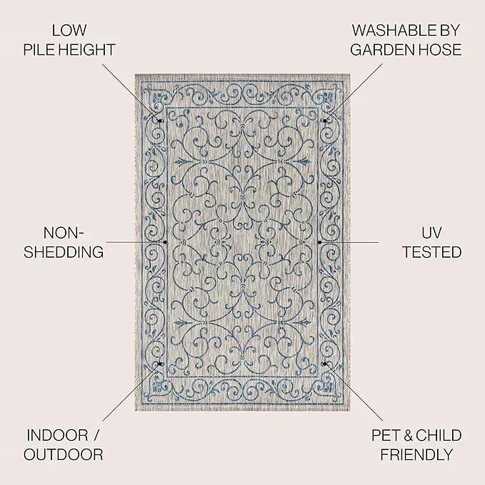 JONATHAN Y SMB106C-9 Charleston Vintage Filigree Textured Weave Indoor Outdoor Area Rug Classic Coastal Easy Cleaning Bedroom Kitchen Backyard Patio Non Shedding, 9 X 12, Gray/Navy by GreenHaven Gardens