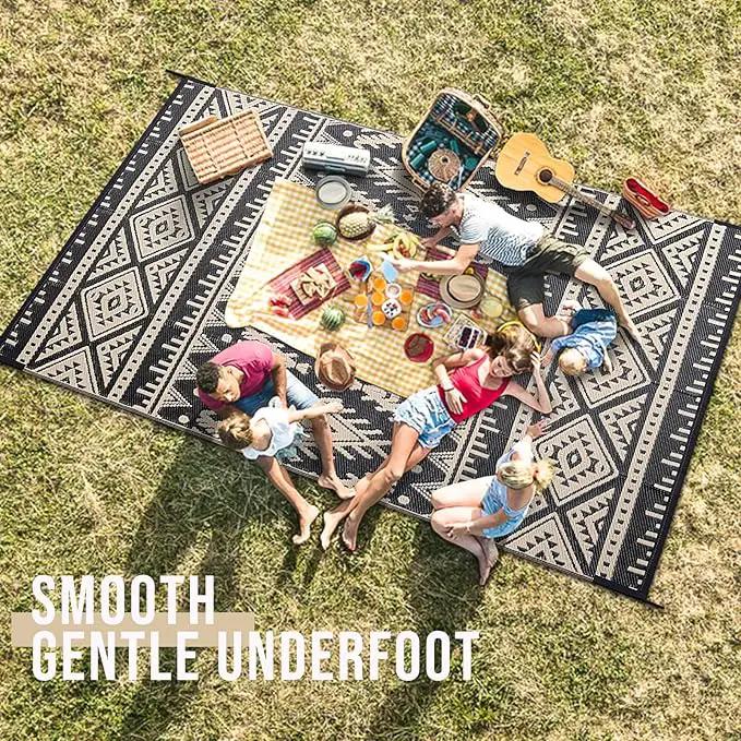OLANLY Outdoor Rug Waterproof 9x12 ft, Reversible Outdoor Plastic Straw Rug, Boho Patio Rug, Indoor Outdoor Carpet, RV Mat Outside for Patio, Camp, Picnic, Balcony, Deck, Backyard, Black & Beige by GreenHaven Gardens