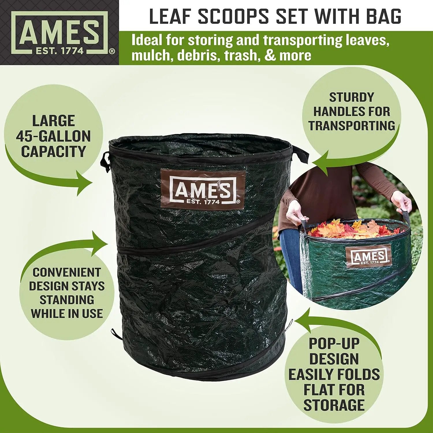 AMES Leaf Scoops Hand Rake Set with Collapsible Pop-Up Garden Waste Bag for Collecting Leaves, Mulch and Debris by GreenHaven Gardens
