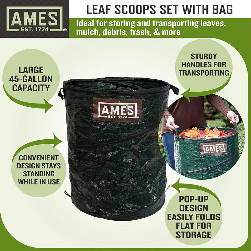 AMES Leaf Scoops Hand Rake Set with Collapsible Pop-Up Garden Waste Bag for Collecting Leaves, Mulch and Debris by GreenHaven Gardens