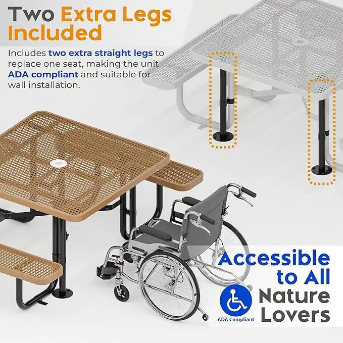 Metal Picnic Tables for Outdoors with Umbrella Hole - Coated Steel Heavy Duty Commercial Grade Table with Adjustable Seats (Brown, 46 in, Square, Expanded Steel) by GreenHaven Gardens