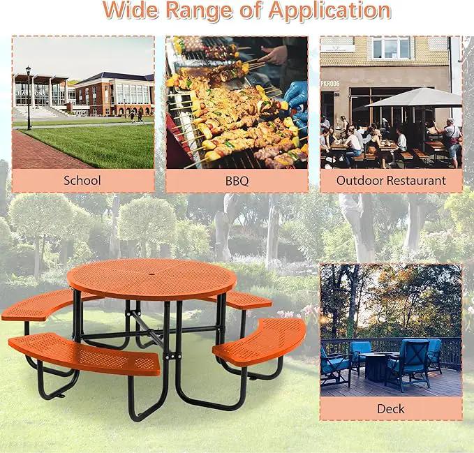 46'' Steel Round Picnic Table for Outdoors, Expanded, Lifetime Picnic Table with Umbrella Hole, Heavy Duty Sturdy Commercial Picnic Tables for Garden Courtyard BBQ, Orange by GreenHaven Gardens