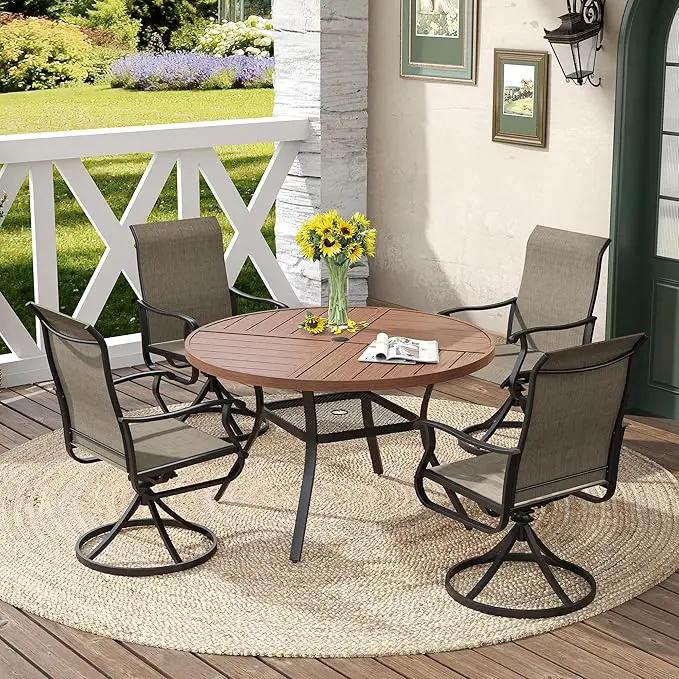 DIFY 40.6" Round Outdoor Patio Dining Table for 4, All-Weather Metal Steel Slatted Patio Table with 1.57" Adjustable Umbrella Hole, for Lawn Garden Porch Backyard, Walnut by GreenHaven Gardens