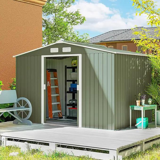 Outsunny 9' x 6' Outdoor Storage Shed, Garden Tool Metal Shed with Foundation Kit, Double Lockable Door, Air Vents and Sloping Roof, for Backyard, Patio, Lawn, Green by GreenHaven Gardens