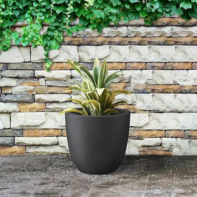 Kante 14 Inch Dia Round Concrete Planter, Indoor Outdoor Large Plant Pot with Drainage Hole and Rubber Plug for Home Patio Garden, Black by GreenHaven Gardens
