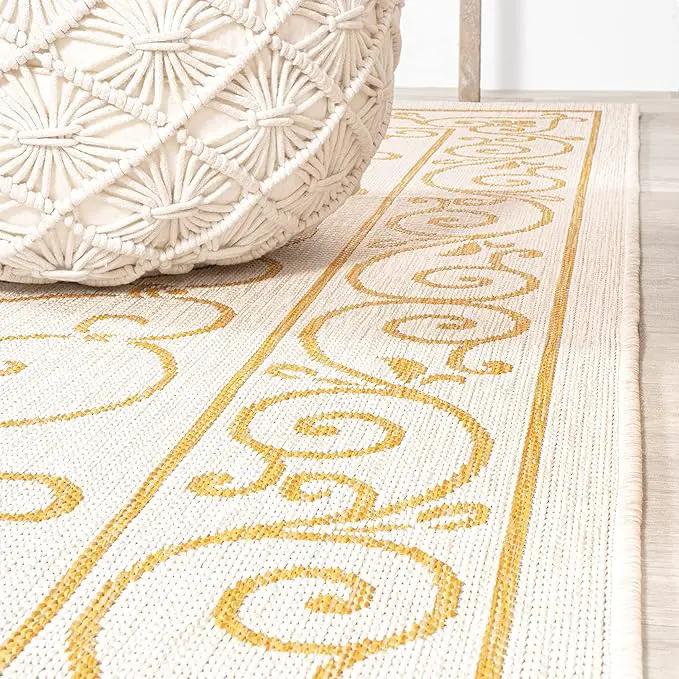 JONATHAN Y SMB106M-210 Charleston Vintage Filigree Textured Weave Indoor Outdoor Runner Rug, Classic,Traditional,Transitional Easy Clean,Bedroom,Kitchen,Backyard,Patio, Non-Shed, Cream/Yellow, 2 X 10 by GreenHaven Gardens