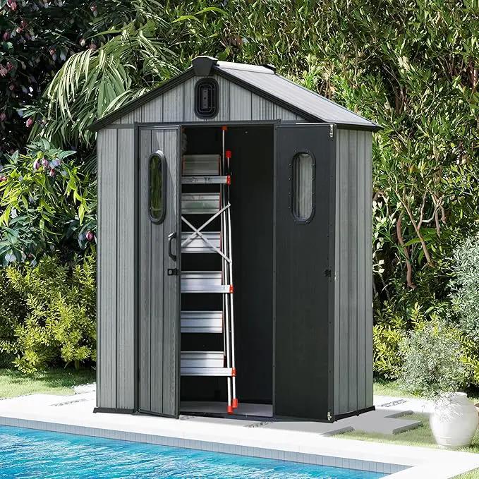 Domi 5x3 FT Outdoor Resin Storage Shed, All-Weather Double-Wall Storage Building for Backyard, Garden, Lawn Tools, Mower, Bike & Pool Equipment, Lockable Doors, Ventilated Roof, Grey by GreenHaven Gardens