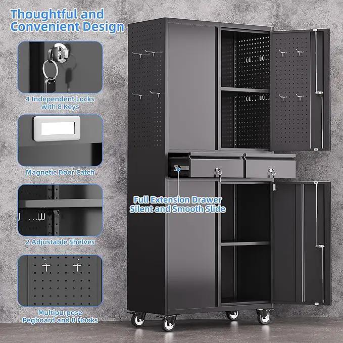 Metal Garage Storage Cabinet with Locking Doors and 2 Adjustable Shelves, Rolling Tool Storage Cabinet with 4 Wheels and 2 Drawer for Garage, Warehouse, Black, Assembly Required by GreenHaven Gardens