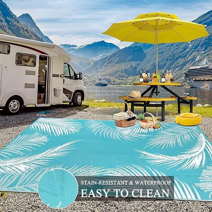 Pauwer Waterproof Outdoor Rug 9x12, Reversible Plastic Straw Patio Camping Rug, Indoor Outdoor RV Mat Carpet for Deck, Camper, Porch, Balcony, Backyard, Picnic, Leaf Teal by GreenHaven Gardens