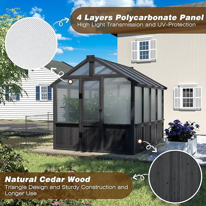 6x8 FT Greenhouse Kit for Outdoor, Thickened Polycarbonate Panel Wooden Walk-in Green House with Lockable Door and Adjustable Roof Vent, Backyard Garden, Black by GreenHaven Gardens