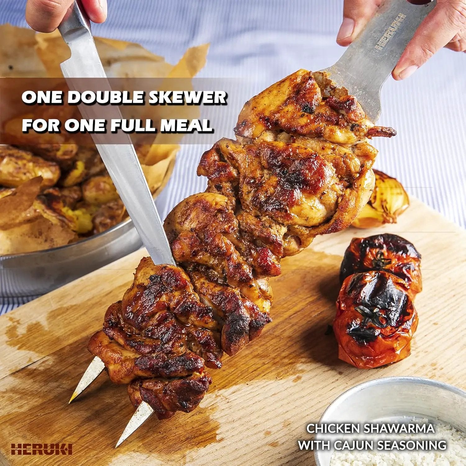 Double Skewers 14.4" Stainless Steel Heavy Duty Double Prong Skewers for BBQ Kabob Shawarma Meat Fish Chicken Gift for Valentine Accessories for Grill Master Arsenal - 2 Units (Silver and red) by GreenHaven Gardens