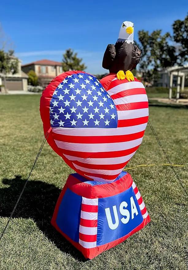 5 Foot Tall Patriotic Independence Day 4th of July Inflatable Love Heart with American Flag and Bald Eagle Pre-Lit LED Lights Outdoor Indoor Lawn Yard Holiday Decoration Blow up Home Garden Decor by GreenHaven Gardens