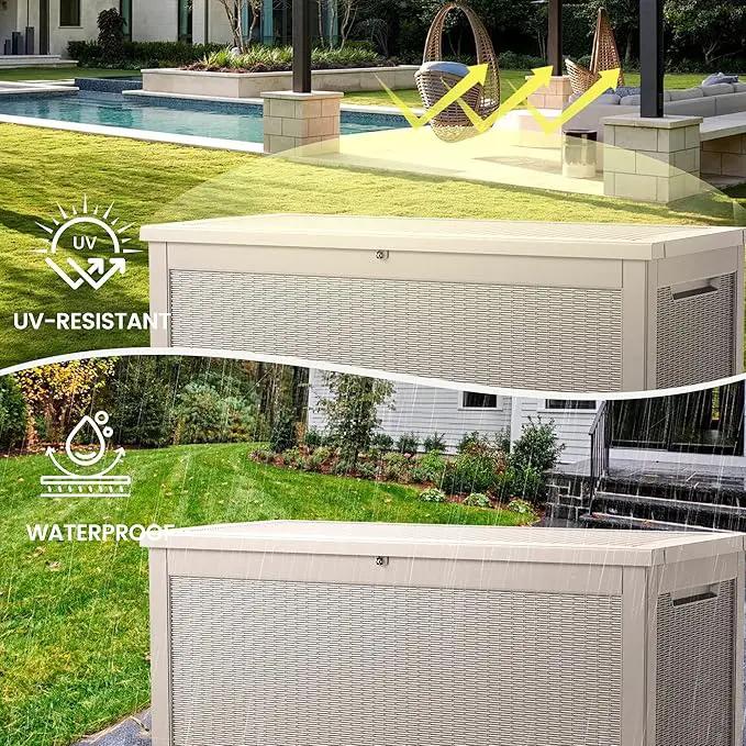 260 Gallon Storage Box, Waterproof Resin Deck Box with Steel Support & Hydraulic Rod, Lockable Storage Bench for Indoor & Outdoor Use, Storage Bin for Patio Cushions, Garden Tools, Grey by GreenHaven Gardens