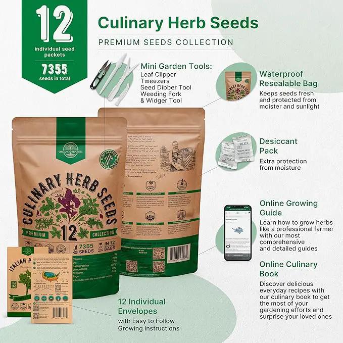 Organo Republic 12 Culinary Herbs Seeds Variety Pack - 7,355+ Heirloom, Non-GMO, Herbs Seeds for Outdoor and Indoor Home Gardening, Including Basil, Cilantro, Chives, Dill, Parsley, Sage by GreenHaven Gardens