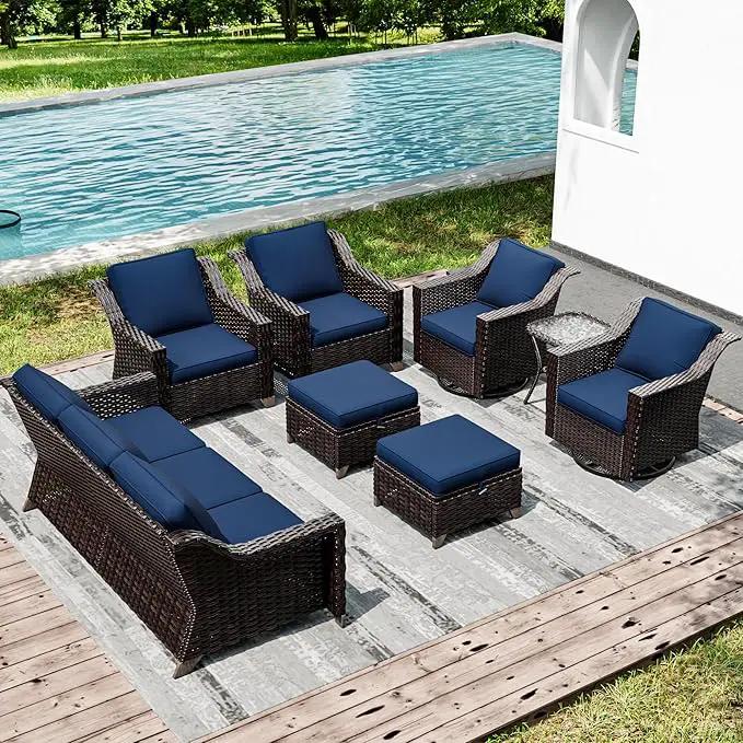 Joyside Wicker Patio Furniture Sets, 8 Pieces Upgraded Large Size Outdoor Furniture with Swivel Rocking Patio Chairs, Patio Dining Chair, 3-Seat Sofa, Outdoor Ottoman, Thick Cushions, Wide Armrest by GreenHaven Gardens
