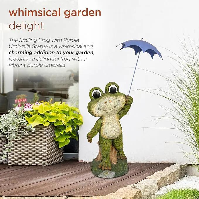 Alpine Corporation QWR1002 Indoor/Outdoor Smiling Frog with Purple Umbrella Garden Statue, Playful Frog Statue, 27" H, Green by GreenHaven Gardens