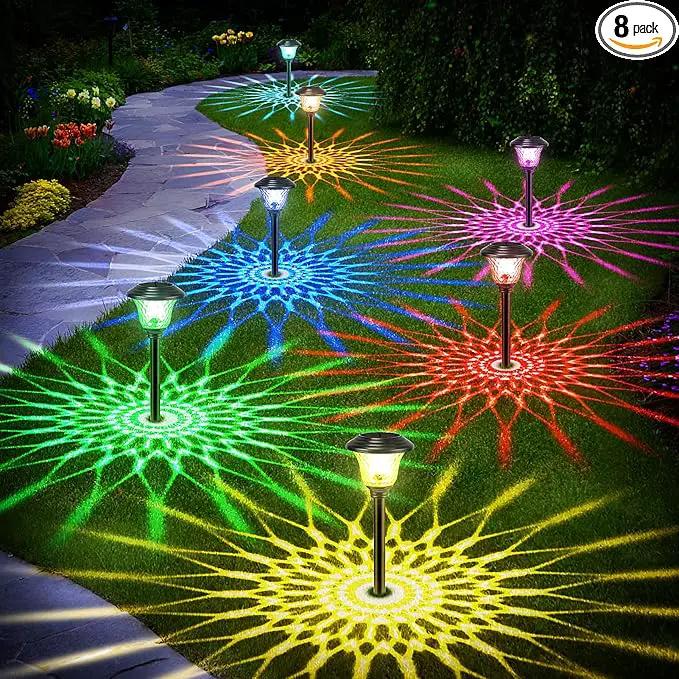 8 Pack 3 Mode Solar Pathway Lights for Outdoor Color Changing/Warm White/Bright White Waterproof Garden Stainless Steel Landscape Path Lighting Walkway Yard Lights Glass LED RGB Black by GreenHaven Gardens
