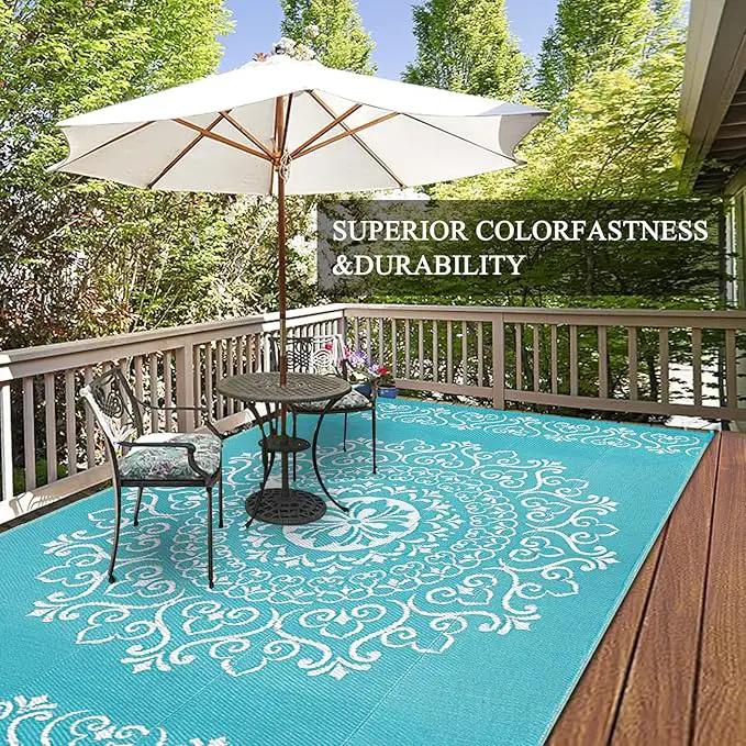 Pauwer Waterproof Outdoor Rug 6x9, Reversible Plastic Straw Patio Camping Rug, Indoor Outdoor RV Mat Carpet for Deck, Camper, Porch, Balcony, Backyard, Picnic, Floral Teal by GreenHaven Gardens