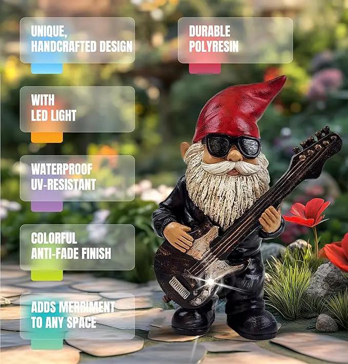 Better Office Products Garden Gnome Statue, 8" Height, Handcrafted Waterproof, UV-Resistant Polyresin Lawn Patio Porch Ornament Decoration (Rock Star with Solar Light) by GreenHaven Gardens