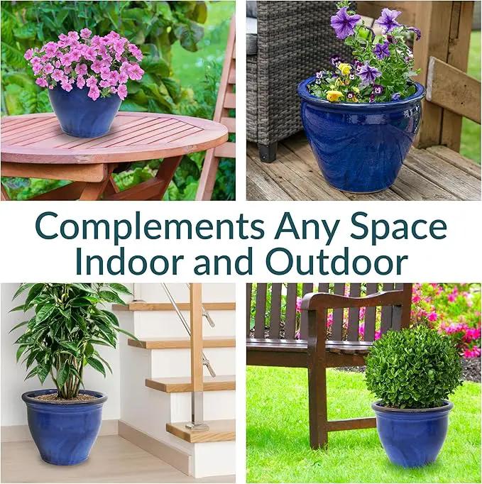 Sunnydaze 18.5" Large Ceramic Plant Pot - Round Outdoor Glazed Ceramic Planter Pot with Drainage - Imperial Blue - Studio by GreenHaven Gardens