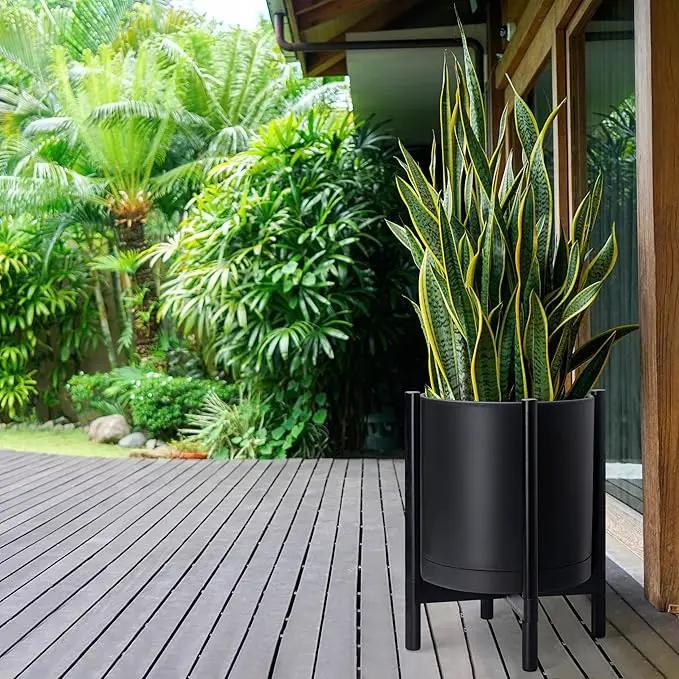 D'vine Dev Planter Pot with Stand - 16 Inch Plastic Cylinder Flower Pot with Wood Planter Holder for Indoor, Matte Black Pot + Ebony Stand, 55-C-Z-2 by GreenHaven Gardens