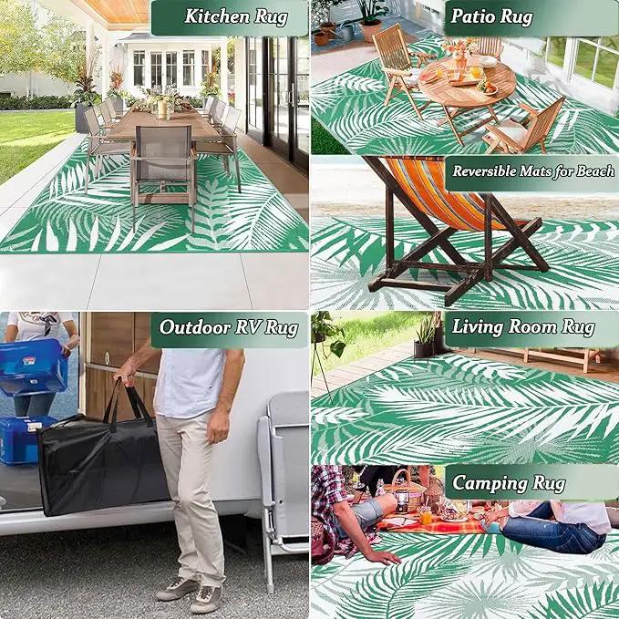 Outdoor Rug 8'x10' Waterproof for Patios Clearance, Reversible Outdoor Plastic Straw Rug Camping Carpet, Outside Floor Mats Large Area Rugs for RV,Patio,Deck,Porch, Beach,Balcony,Green&White by GreenHaven Gardens