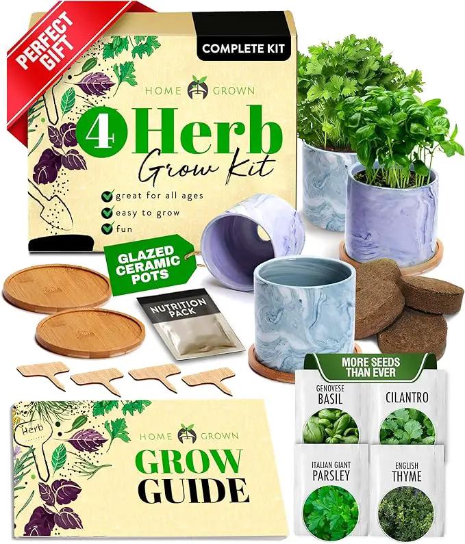 HOME GROWN Indoor Herb Garden Kit w/Glazed Ceramic Pot - Easy-to-Grow Kitchen Window Gardening Starter Set - Unique Housewarming Gift for Women, Mom, Gardeners, Friend, Her, Mother by GreenHaven Gardens