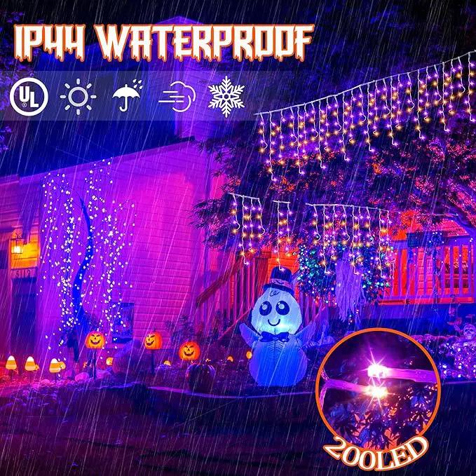 Halloween Icicle Lights with Spook Music Motion Sensing Function - 340LED 29Ft Purple Orange Curtain String Lights - Plug in Lighting for Outdoor Garden Window House Bedroom Halloween Decorations by GreenHaven Gardens