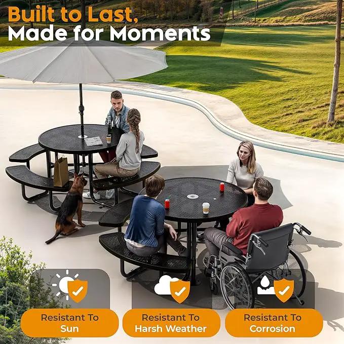 Metal Picnic Tables for Outdoors with Umbrella Hole - Coated Steel Heavy Duty Commercial Grade Table with Adjustable Seats (Black, 46 in, Round, Punched Steel) by GreenHaven Gardens