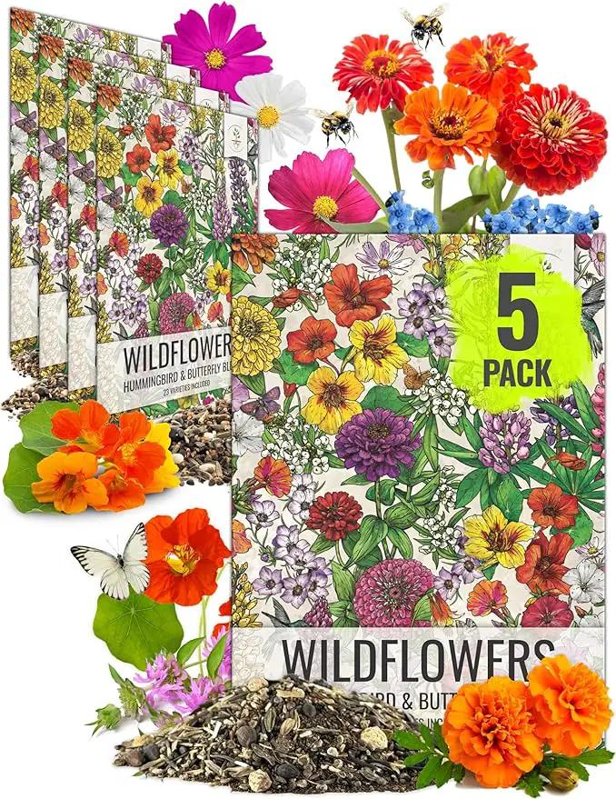 Seed Needs Wildflower Seeds Hummingbird and Butterfly Seed Mix | 5 Packs (1 Ounce Each) No Filler 23 Varieties Garden Seeds Annual & Perennial Species | Pollinator Attracting Flower Seed | Bulk by GreenHaven Gardens