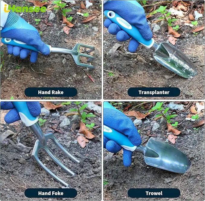Blue Garden Tool Sets 12-Piece, Aluminum Gardening Hand Tools w/Ergonomic Handle, Garden Supplies Organizer Handbag, Kneeling Pad, Apron and Gloves, Gift for Women, Garden Starter Kit for Women by GreenHaven Gardens