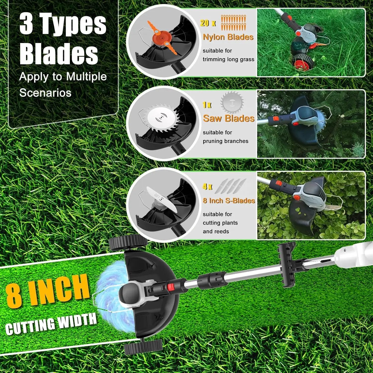 Electric Weed Wacker Cordless Eater Battery Powered, 21v Lightweight Weed Trimmer With 2 4.0Ah Battery Operated & Charger & Wheels & Shears, 3 In1 Grass Trimmer/Brush Cutter/Lawn Edger for Yard Garden by GreenHaven Gardens