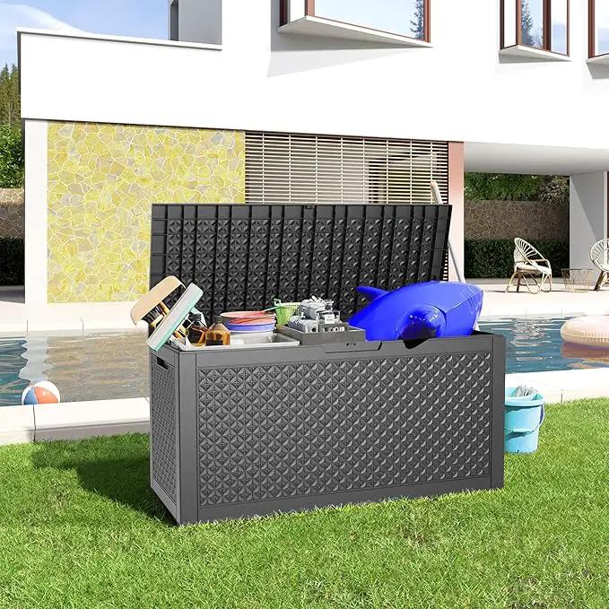 100 Gallon Resin Deck Box, Lockable Patio Outdoor Storage Box for Furniture, Garden Tools and Tools Storage, Waterproof Outside Storage Boxes - Patterned black by GreenHaven Gardens