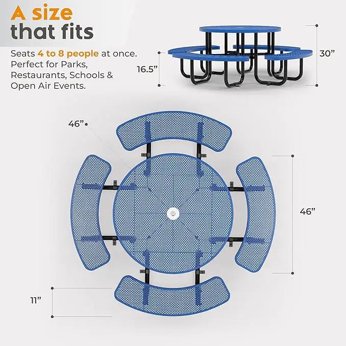 Metal Picnic Tables for Outdoors with Umbrella Hole - Coated Steel Heavy Duty Commercial Grade Table with Adjustable Seats (Blue, 46 in, Round, Punched Steel) by GreenHaven Gardens