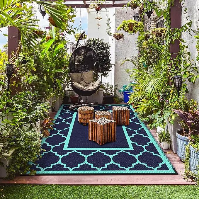 GENIMO 5 ' x 8 ' Outdoor Rug for Patio, Waterproof Indoor Outdoor Plastic Straw Rugs Carpet, Reversible Outside Area Mat for Camping, Balcony Porch, Deck, Picnic, Beach Navy Blue & Jade Green by GreenHaven Gardens