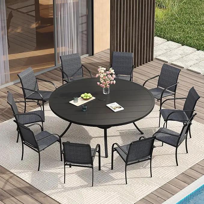VICLLAX 11 Pieces Patio Dining Set for 10, Outdoor Furniture Set Includes 60" Round Outdoor Table and 10 Lawn Stackable Chairs, Black Tabletop and Grey Fabric by GreenHaven Gardens