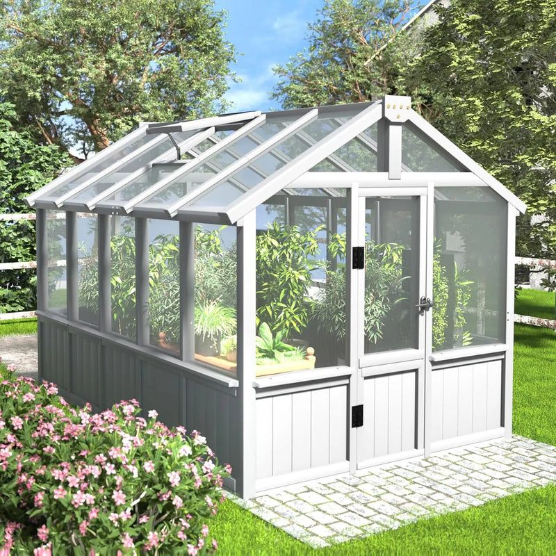 MUPATER 6 × 10 FT Cedar Wood Greenhouse for Outdoors, Outdoor Greenhouse With Polycarbonate Panels, Adjustable Vent Windows and Lockable Door, Wooden Walk-In Green House Kit for Garden, Lawn, Backyard