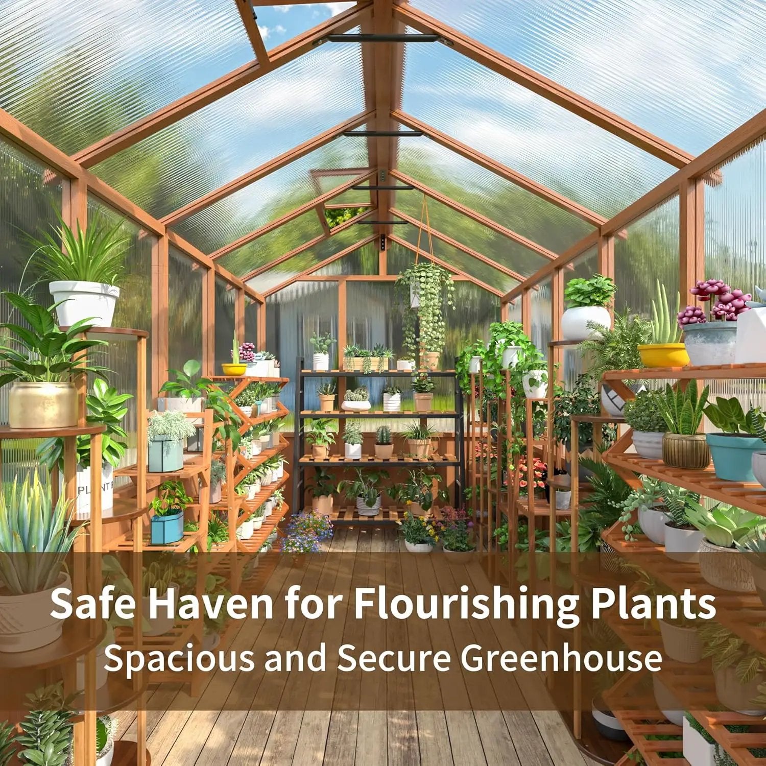 6x12 FT Wooden Greenhouse for Outdoors, Walk-in Greenhouse with 6MM Thick Polycarbonate Panel and Adjustable Roof Vents, Garden Backyard, Wood Colour by GreenHaven Gardens