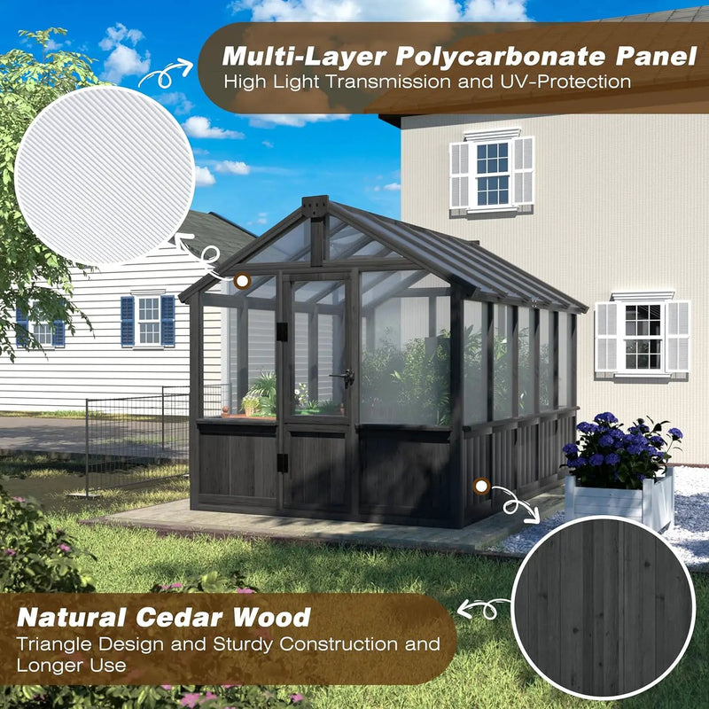 MUPATER 6 x 10 FT Wooden Polycarbonate Greenhouse with Ventilated Window & Lockable Door, Multi-Layer PC Panels for UV Protection, Walk-in Greenhouse Kit for Outdoor, Garden and Backyard, Black by GreenHaven Gardens