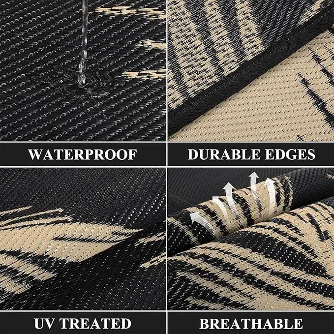 Pauwer Waterproof Outdoor Rug 8x10, Reversible Plastic Straw Patio Camping Rug, Indoor Outdoor RV Mat Carpet for Deck, Camper, Porch, Balcony, Backyard, Picnic, Leaf Black Brown by GreenHaven Gardens