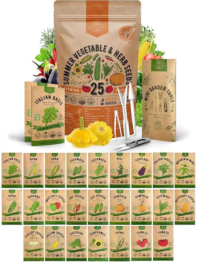 Organo Republic 25 Summer Vegetable & Herb Garden Seeds Variety Pack - 6,820+ Non-GMO Heirloom Veggie & Herb Seeds for Outdoors & Indoor Home Gardening: Tomato, Okra, Bean, Cucumber, Basil, Rosemary by GreenHaven Gardens