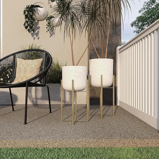 Deco 79 Metal Indoor Outdoor Planter Deep Dome Speckled Large Planter Pot with Gold Stands, Set of 2 Planters 22", 19"H, White by GreenHaven Gardens