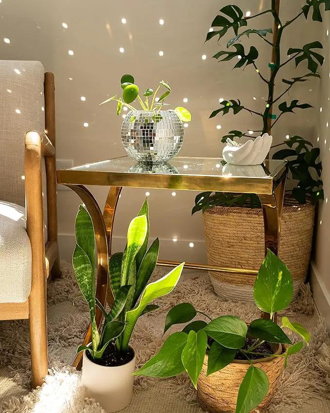 Hanging Disco Ball Planter 8" - with Acrylic Stand and Macrame Plant Hanger - Home Décor, Room Décor, Mirror Disco Planter, Disco Decor (6" with Black Hanger, Flat Base) by GreenHaven Gardens