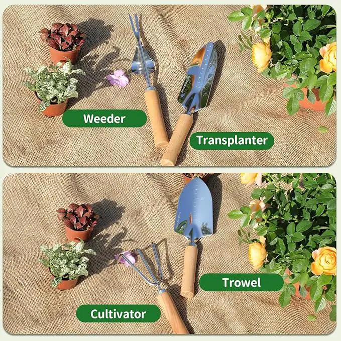 Gardening Tools 10-Piece Heavy Duty Stainless Steel Hand Tools with Durable Garden Tools Storage Tote,Rust-Proof Garden Tool Set, Ideal Gardening Gifts for Women Yellow Floral Pattern Design by GreenHaven Gardens