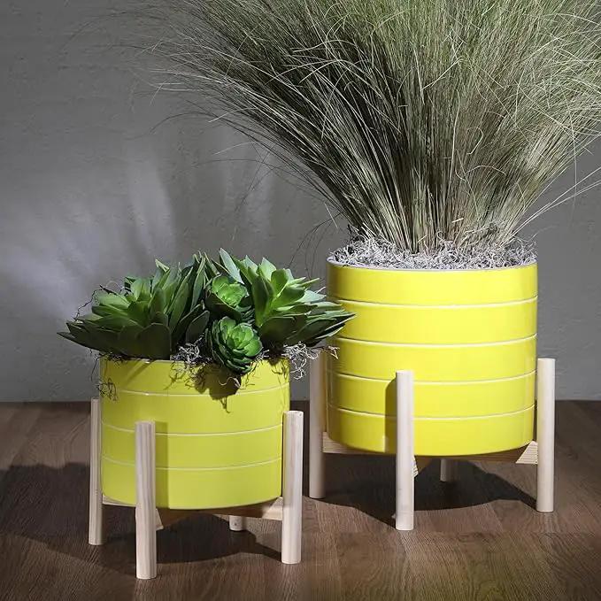 Sagebook Home 8" Planter on Stand - Ceramic Planter on Wooden Base - Contemporary Yellow and White Striped Design Indoor or Outdoor Plant Stand Decor by GreenHaven Gardens