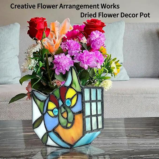 Tiffany Style Cute Cat Face Design Small Flower Pot, Unique Stained Glass Cat Planter, Tiltable Cat Decorative Flower Pot, Fun Peek-A-Boo Terrarium Decoration, Gift for Plant Women by GreenHaven Gardens