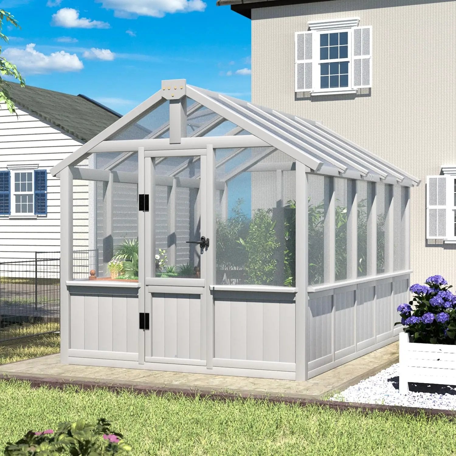 6x10 FT Green House for Outdoor, Thicken Polycarbonate Panel Wooden Walk-in Greenhouse Kit with Lockable Door and Adjustable Roof Vent, Backyard Garden, White by GreenHaven Gardens